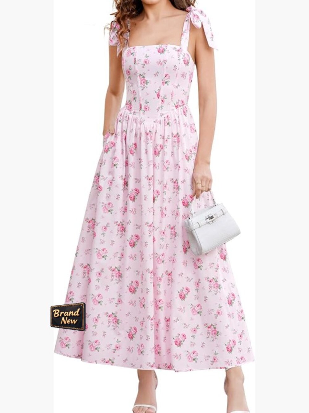 Corset Floral Maxi Dress Square Neck Sleeveless A-Line with Pockets